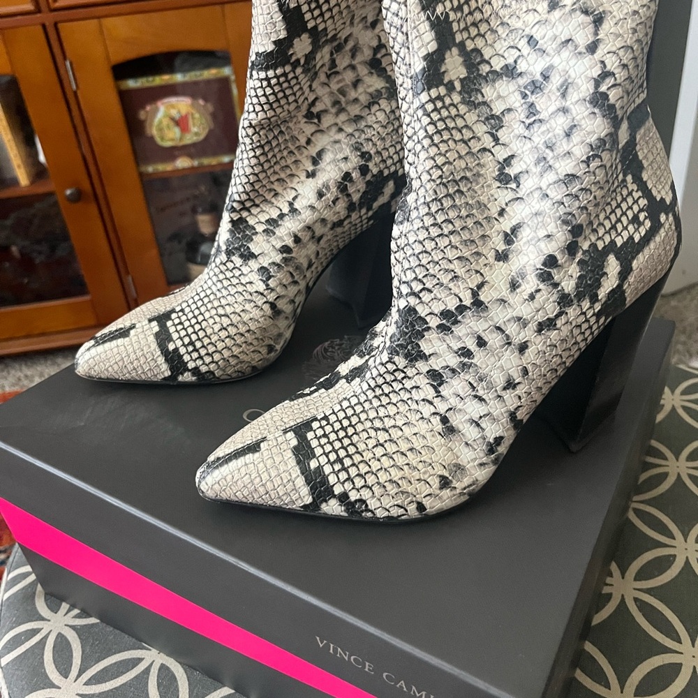 Vince Camuto Snake Print Ankle Boots - Black and Cream